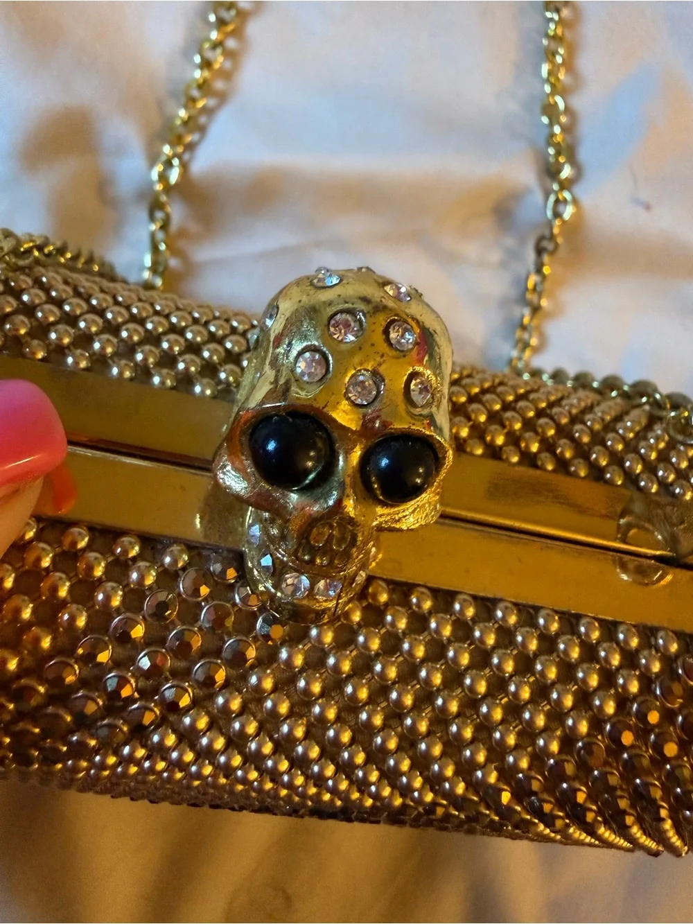 Gold Crystal Skull Evening Clutch with Chain Strap